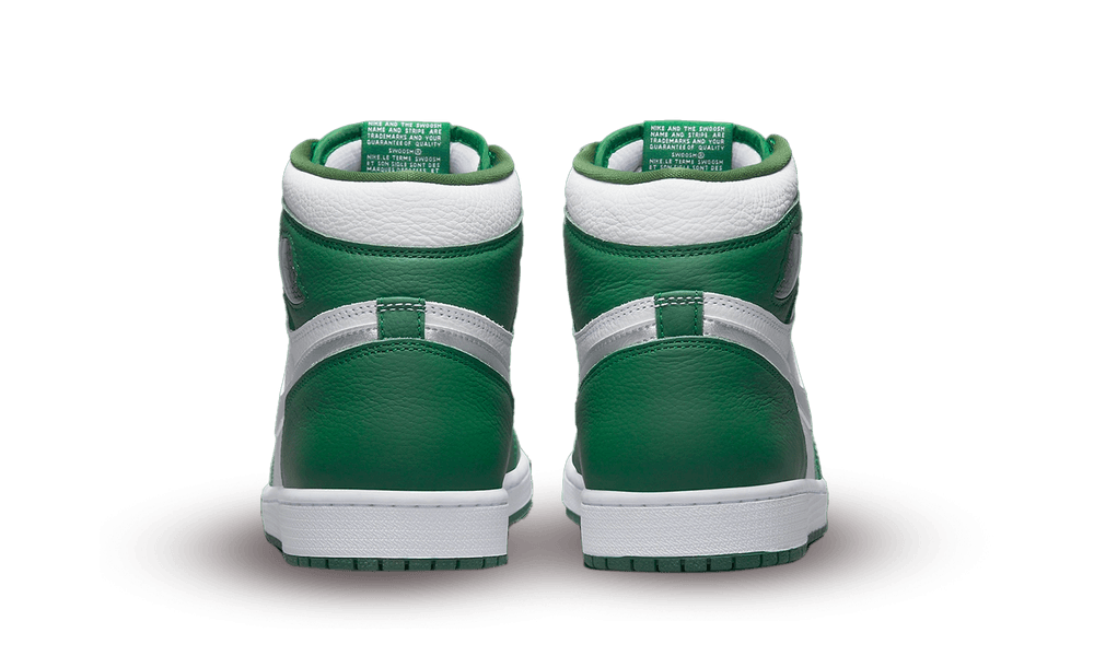 Rear view of Nike Air Jordan 1 High OG Gorge Green sneakers, showcasing green and white leather with iconic high-top design, representing exclusive European sneaker style from The real deal.