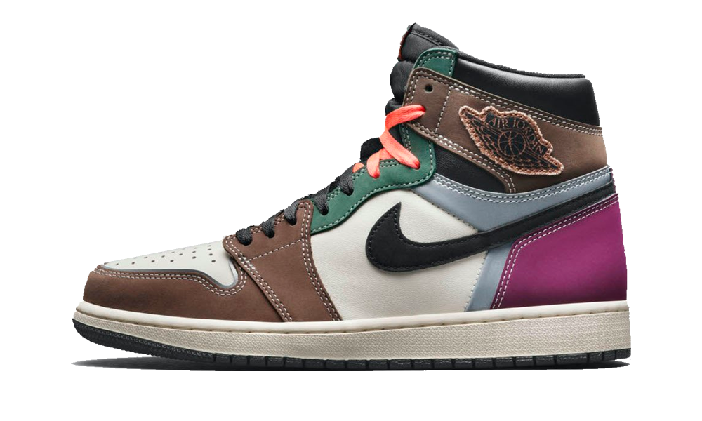 Side view of Nike Air Jordan 1 High OG Craft sneaker featuring contrasting brown, green, purple, and black panels with pink laces, showcasing exclusive European sneaker style – The real deal.