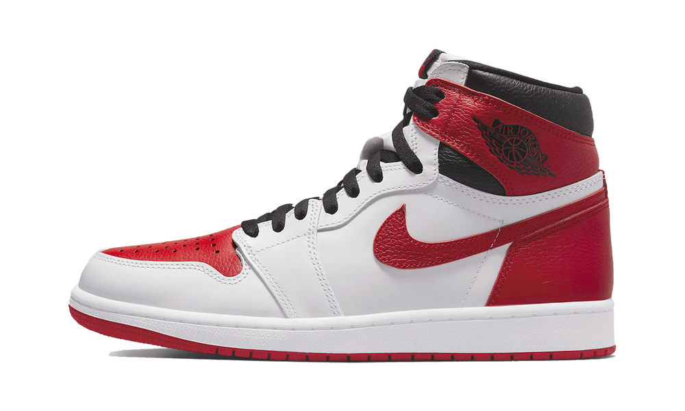 Side view of a red, white, and black Nike Air Jordan 1 High OG Heritage sneaker with black laces and a high-top design.