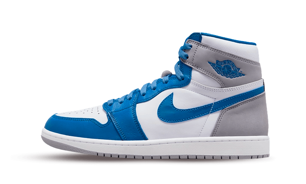 Side view of Nike Air Jordan 1 High OG True Blue sneaker with white, blue, and grey leather panels, showcasing its classic high-top design and exclusive European release. The real deal.