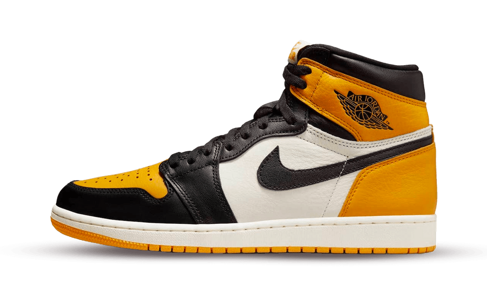 Side view of a Nike Air Jordan 1 High OG Yellow Toe sneaker featuring vibrant yellow, black, and white leather panels, showcasing its classic high-top design with premium detailing.