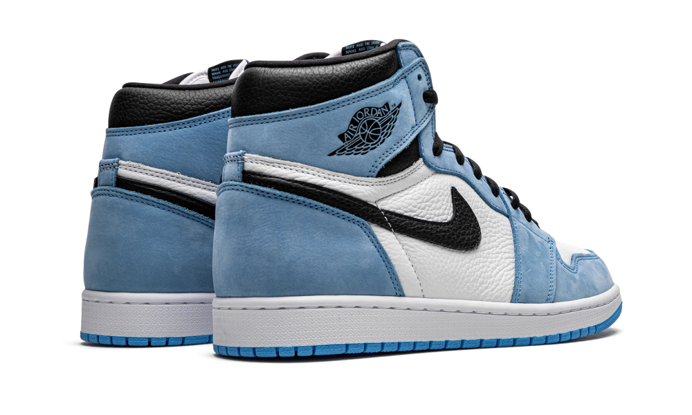 Pair of Nike Air Jordan 1 High University Blue sneakers featuring a blend of white leather, university blue suede, black accents, and classic high-top design. The real deal.