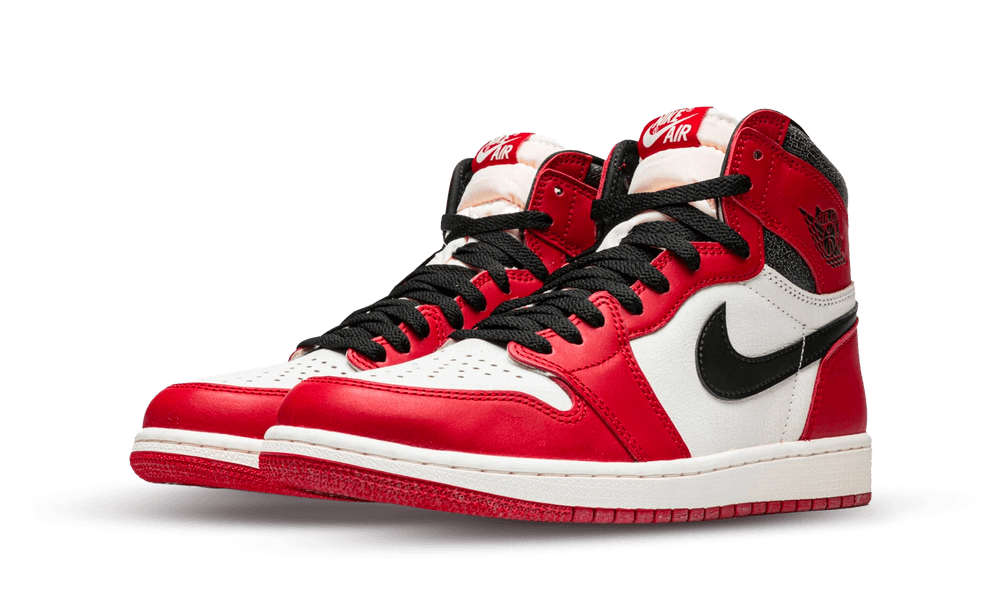 Pair of Nike Air Jordan 1 High OG Lost and Found sneakers in red, white, and black leather with black laces, showcasing classic high-top design and signature branding, The real deal.