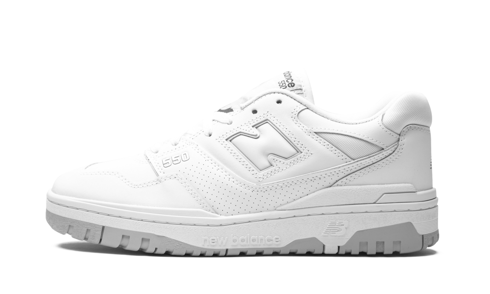 Side view of a New Balance 550 White Grey sneaker showcasing clean white leather with grey accents, exclusive sneaker design, the real deal in European footwear.