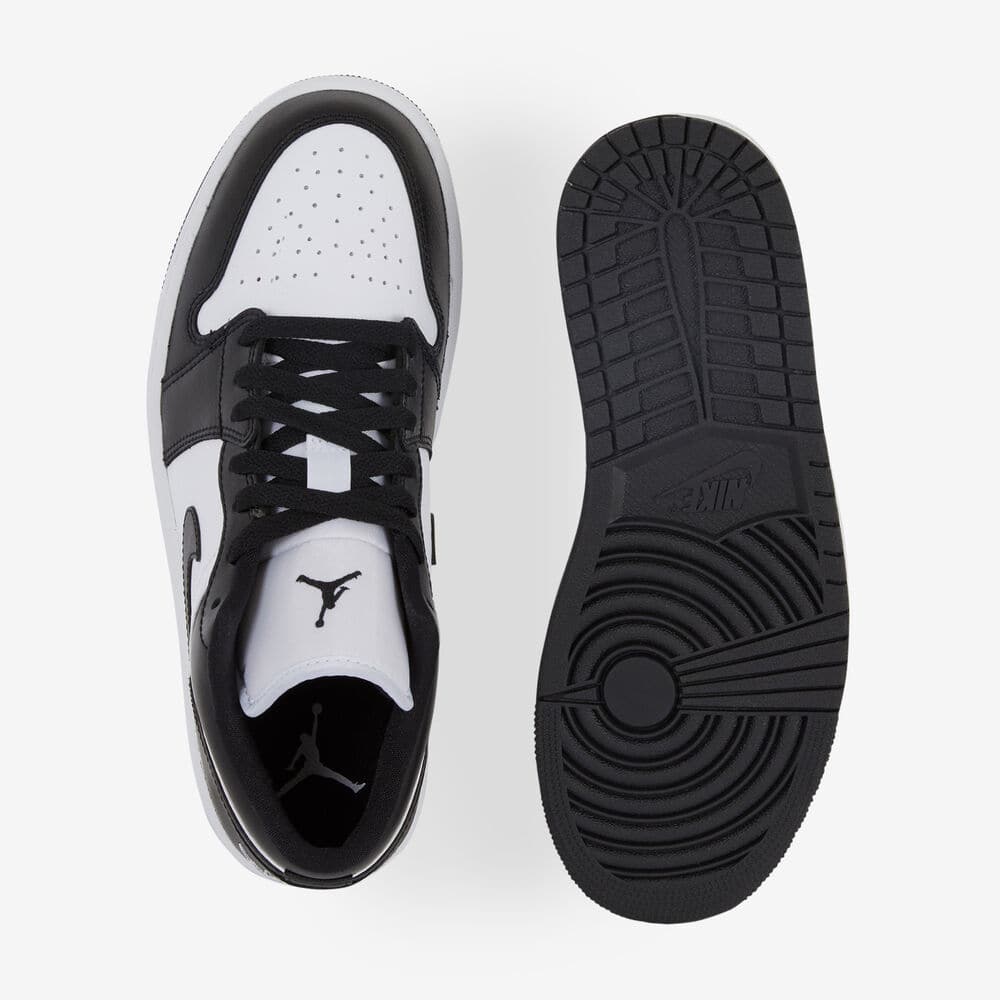 Top and sole view of Nike Air Jordan 1 Low Panda sneakers in black and white, showcasing classic design and exclusive style. The real deal.