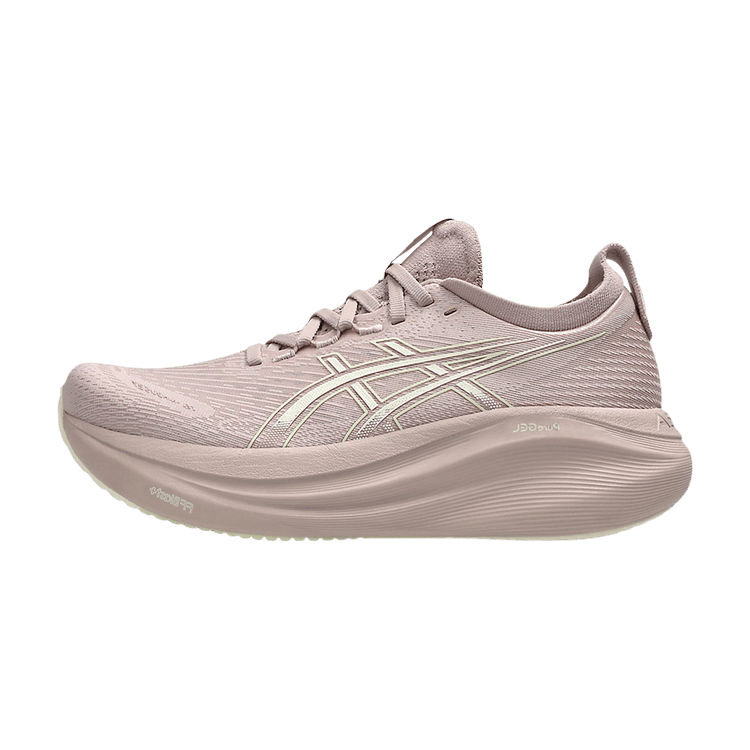 ASICS Gel-Nimbus 27 Fawn Birch zijaanzicht, beige textiel met contrasterende strepen en dik gelvormig zoolprofiel