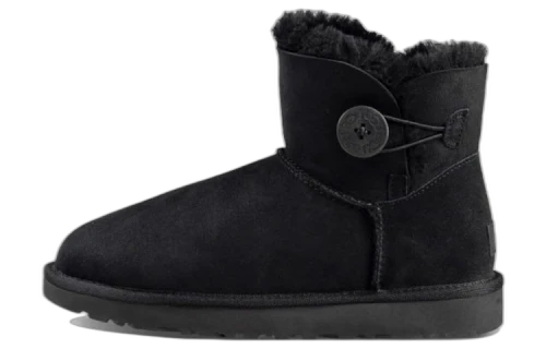 UGG Mini Bailey Button Boot Black, zijaanzicht met zwart suède, bont voering en knopdetail