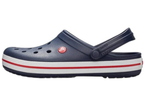 Crocs Crocband Clog Marine Blue, zijaanzicht met rood-witte streep op de zool en logo op de schacht