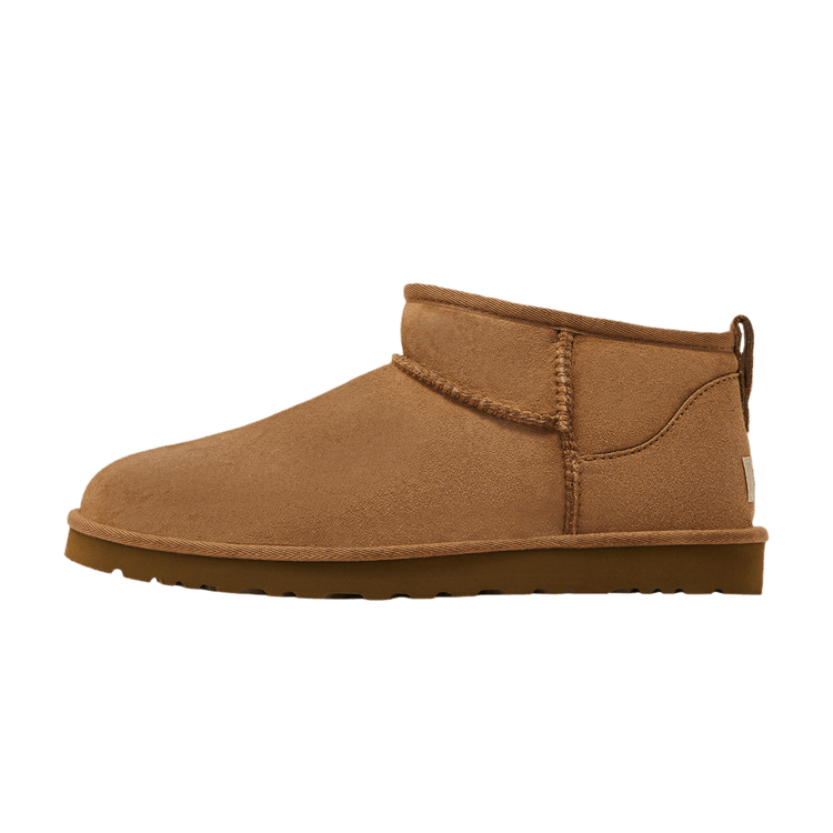 UGG Classic Ultra Mini Boot Chestnut, zijaanzicht van kastanjebruine suède boot met gevoerde kraag en luchtgevulde zool