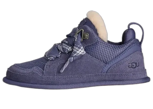 UGG Lowmel Dusted Iris Kids sneaker, zijaanzicht met paars suède, gaasdetails en beige voering