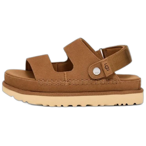 UGG Goldenstar Glide Sandal Chestnut, zijaanzicht van bruine suède sandaal met gespje en crèmekleurige zool