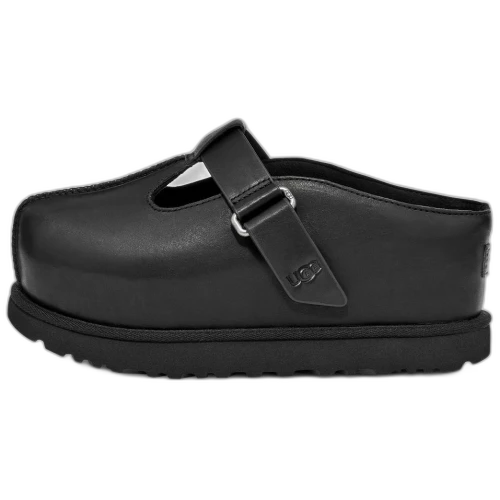 UGG Goldenstar Hi Clog Black, zijaanzicht van de zwarte gesloten clog met leren bandjes en zware rubberzool