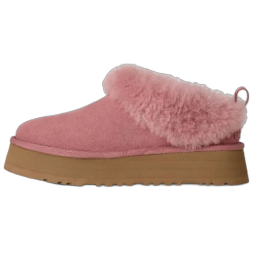 UGG Tazzelle Slipper Pink Dawn, zijaanzicht met roze suède en fluffy wollen kraag, bruine platformzool