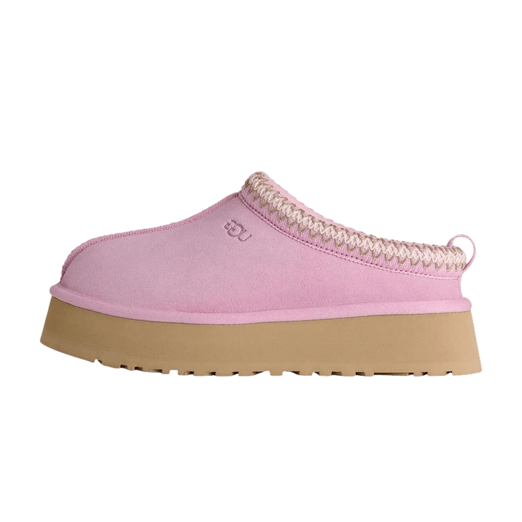 UGG Tazz II Slipper Pink Diamond, zijaanzicht met roze suède bovenwerk en beige platform zool