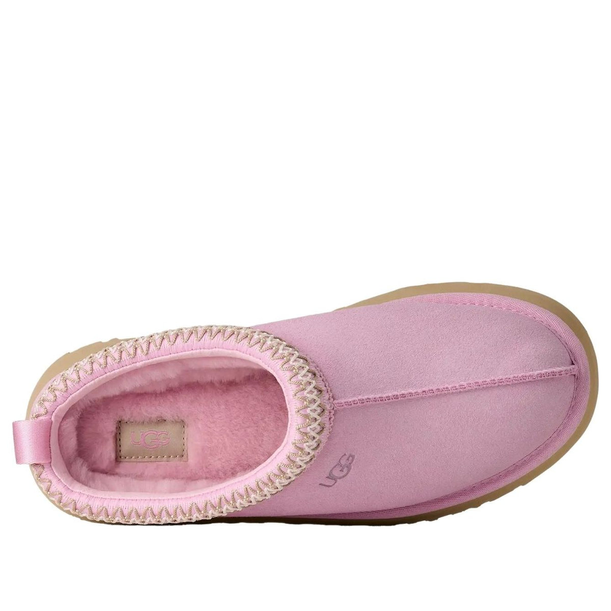 UGG Tazz II Slipper Pink Diamond, bovenaanzicht toont roze suède en gebreide kraag detail