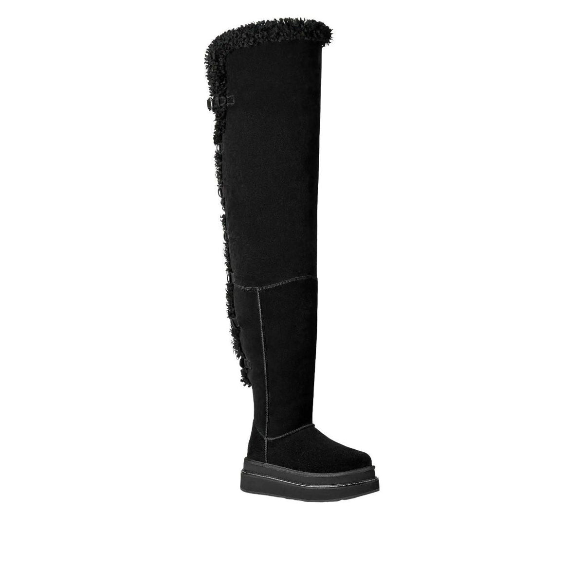 UGG Thigh High Boot sacai Black vooraanzicht, hoge schacht met geborstelde textuur en platform zool
