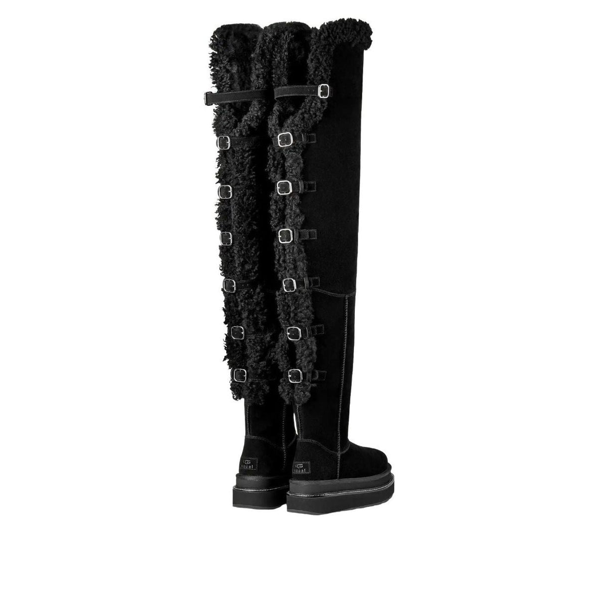 UGG Thigh High Boot sacai Black paar samen, dubbele veter met metallic gespen en fleece voering