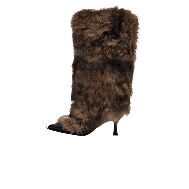 UGG Heel AMBUSH Brown, zijaanzicht van de bont laars met zwarte neus en hak