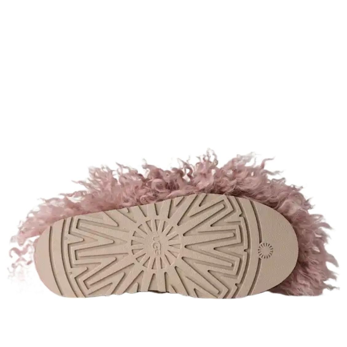 UGG Tazz Fluff Momma Slipper Fawn, detailfoto onderkant met geometrisch zooldesign en fluffy bovenstuk
