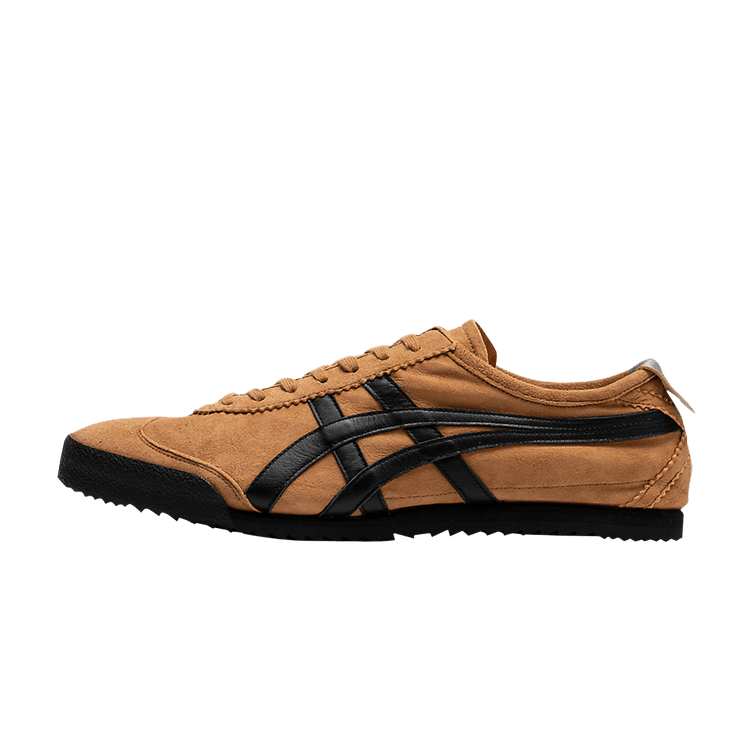 Onitsuka Tiger Mexico 66 Deluxe NM Wood Thrush Black, zijaanzicht met camel suède en zwarte strepen op zool