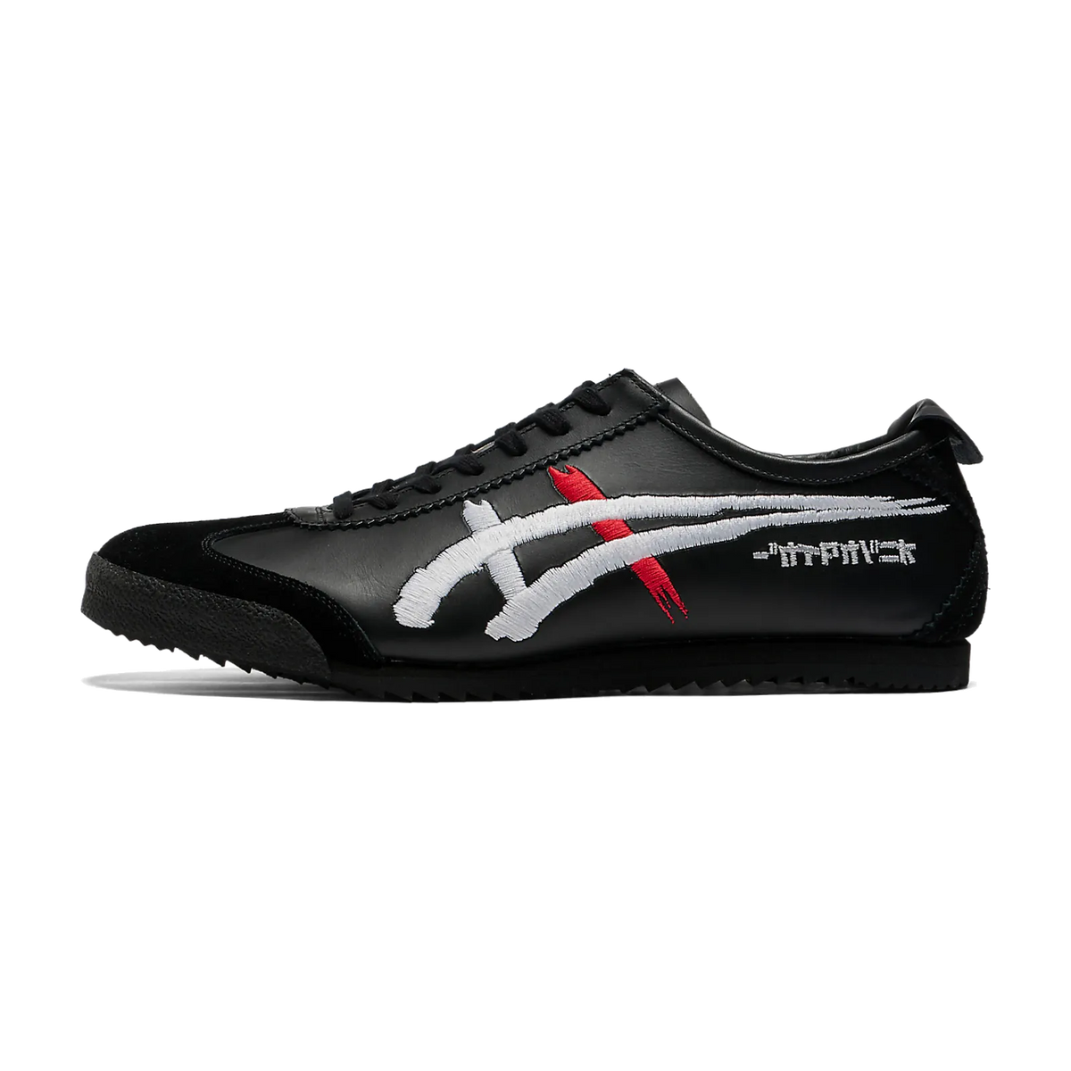 Onitsuka Tiger Mexico 66 Deluxe Black White Red, zijaanzicht met zwart leer, witte strepen en rode accenten
