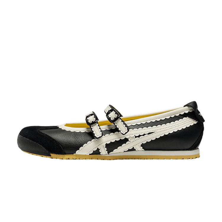 Onitsuka Tiger Mexico 66 TGRS Black Cream zijaanzicht met zwart leer, crème gestikt patroon en gele zool