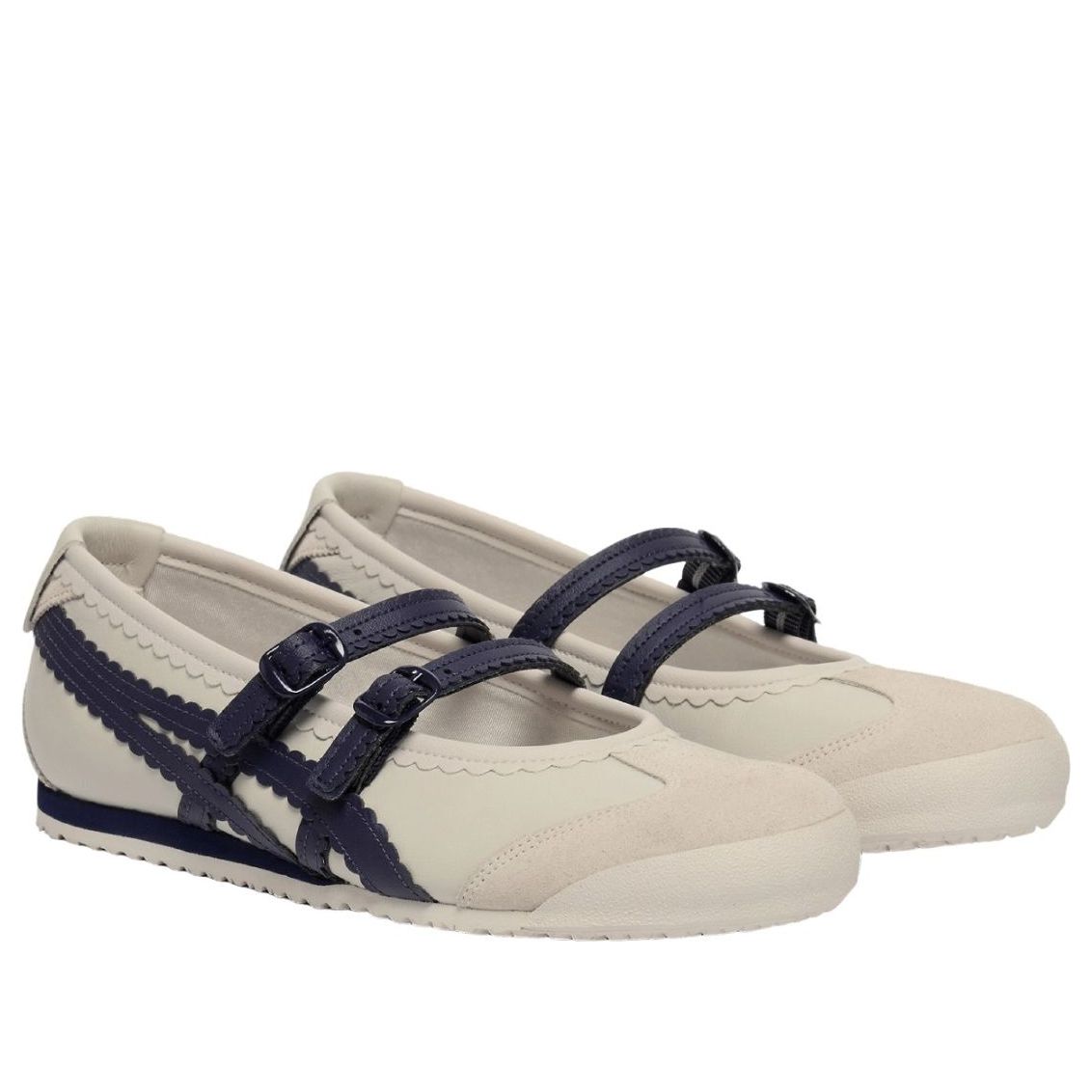 Onitsuka Tiger Mexico 66 TGRS Birch Peacoat vooraanzicht paar samen met Mary Jane riempjes