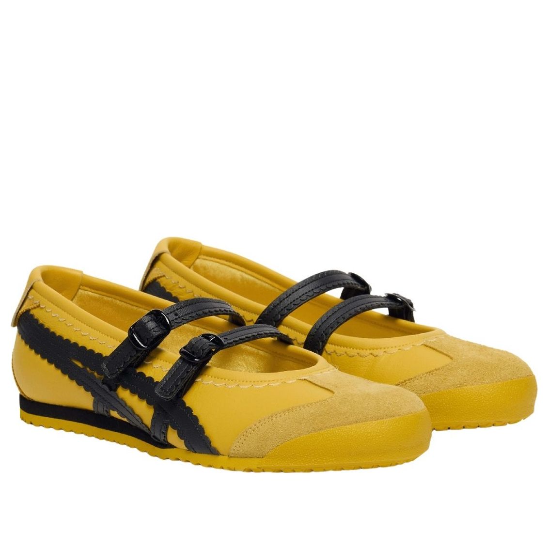 Onitsuka Tiger Mexico 66 TGRS Kill Bill, vooraanzicht paar met gele nubuck, zwarte drie-strepen en Mary Jane bandjes