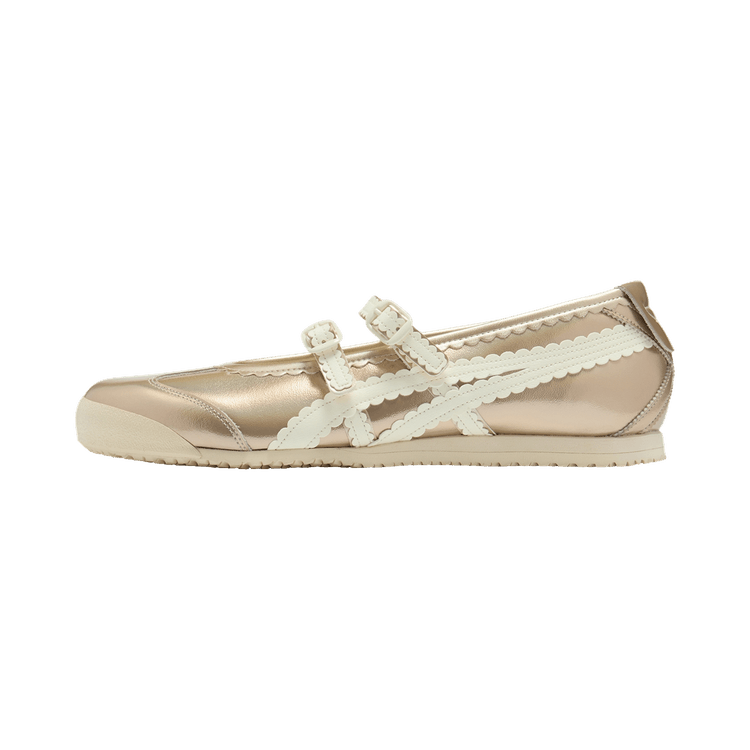 Onitsuka Tiger Mexico 66 TGRS Metallic Pack Champagne Cream, zijaanzicht met metallic gouden neus en wit gestrikte zijpanelen