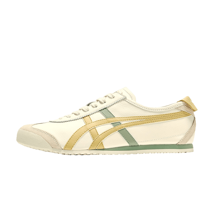 Onitsuka Tiger Mexico 66 Cream Mineral Brown zijaanzicht met crèmekleurig leer, goudbruine en groene diagonale strepen