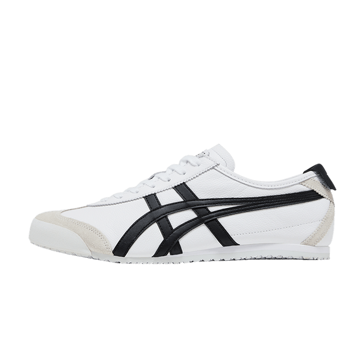 Onitsuka Tiger Mexico 66 White Black, zijaanzicht met wit leer, zwarte diagonale stiksels en crème suède details