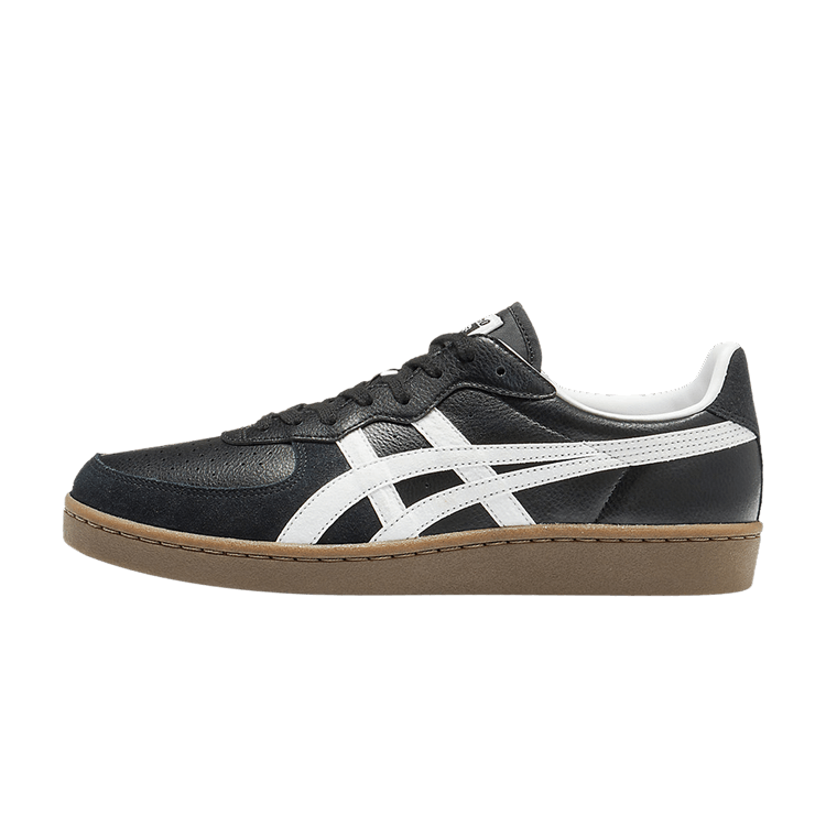 Onitsuka Tiger GSM Black White Gum, zijaanzicht met zwart leer, witte streep en gummi zool