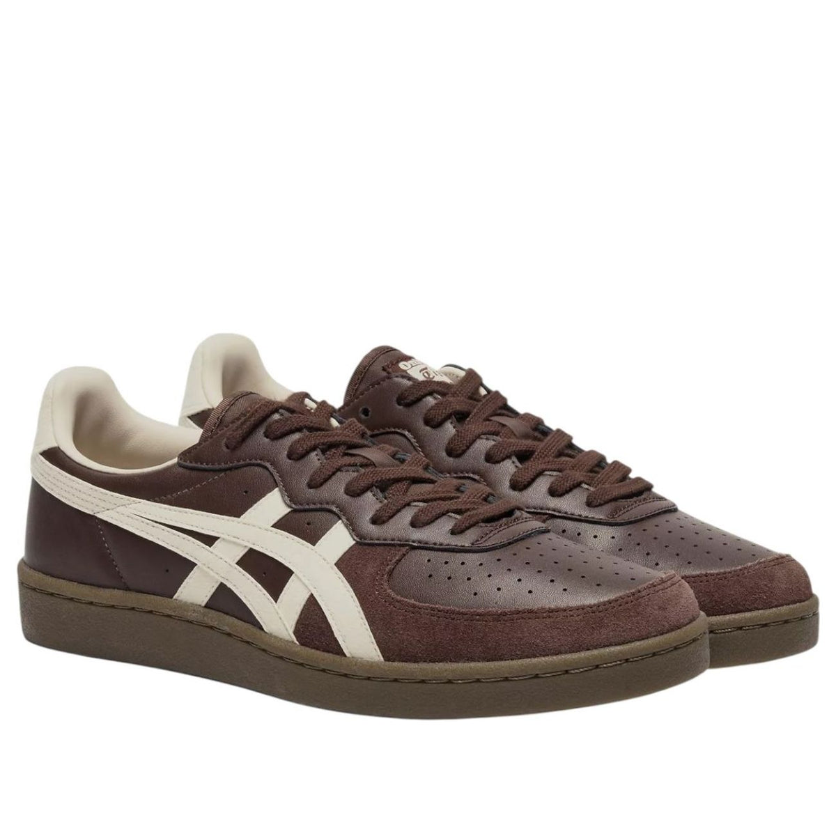 Onitsuka Tiger GSM Dark Brown Cream, paar samen van bovenaanzicht met bruine tonen en witte strepen