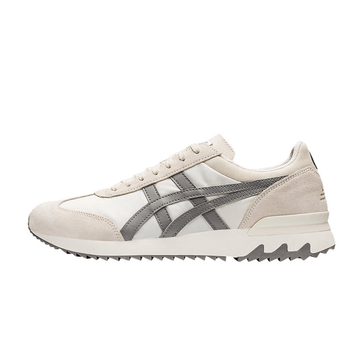 Onitsuka Tiger California 78 EX Birch Steeple Grey zijaanzicht, beige suède met grijze gestreepte details en witte zool