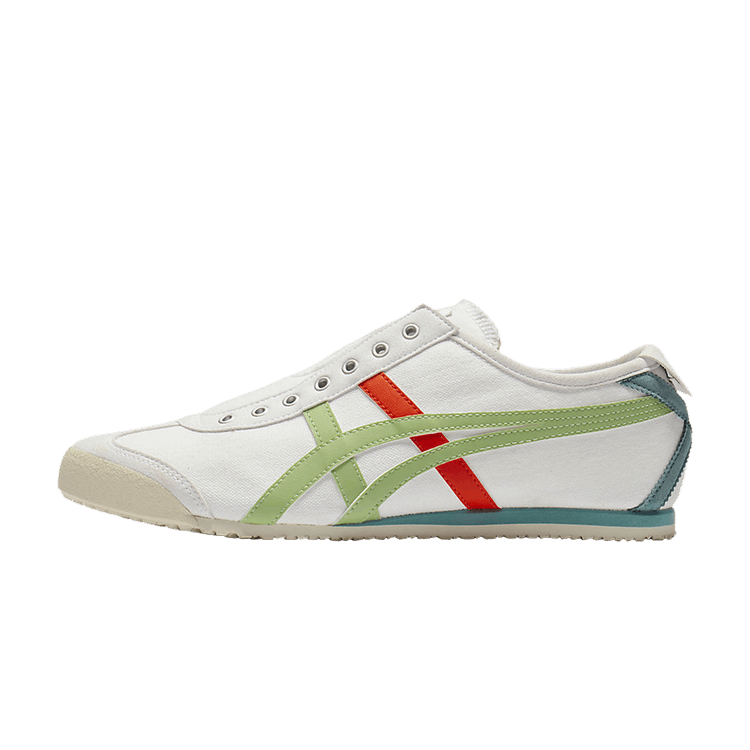 Onitsuka Tiger Mexico 66 Slip-On White Jade Orange, zijaanzicht met witte canvas, groene en rode strepen, techwear details