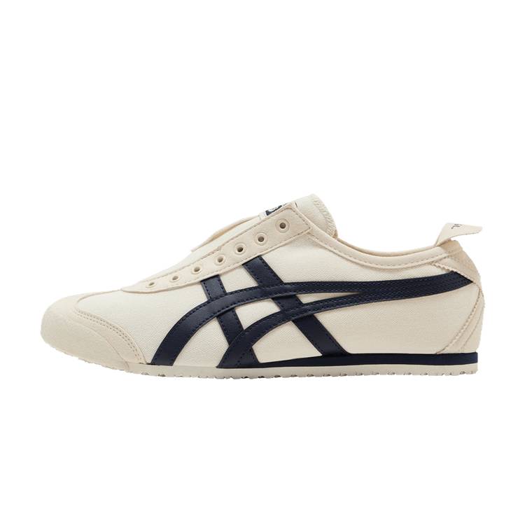 Onitsuka Tiger Mexico 66 Slip-On Birch Midnight, zijaanzicht met beige canvas en donkerblauwe strepen
