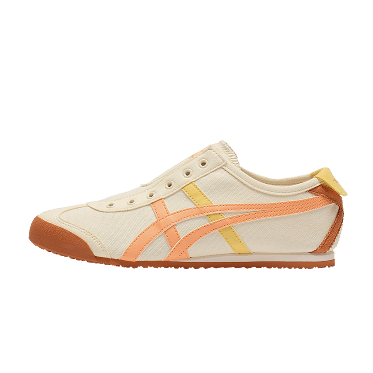 Onitsuka Tiger Mexico 66 Slip-On Ivory Summer Dune, zijaanzicht met crème canvas, oranje en gele strepen, bruine zool