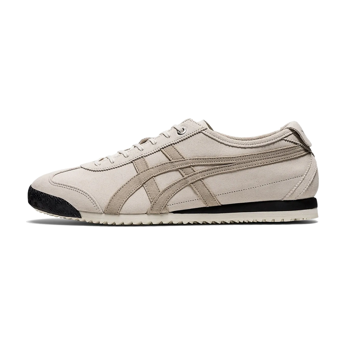 Onitsuka Tiger Mexico 66 SD Birch Wood Crepe zijaanzicht, beige suède met zwarte zool en contrasterende stiksels