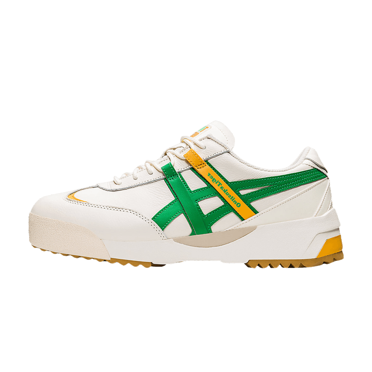 Onitsuka Tiger Delegation EX Cream Cilantro, zijaanzicht met wit leer, groen en geel accenten op zijpanelen, rubberzool