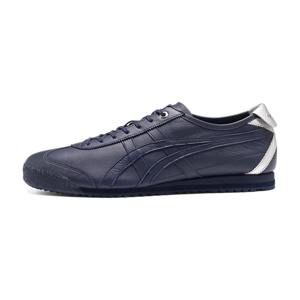 Onitsuka Tiger Mexico 66 SD Midnight Navy Silver, zijaanzicht met donkerblauwe leren upper en zilverkleurige hieldetail