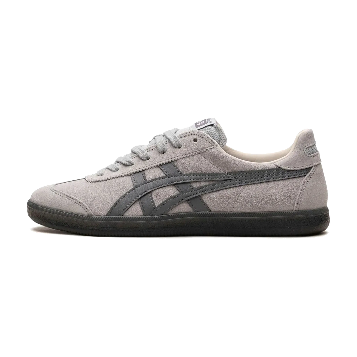 Onitsuka Tiger Tokuten Grey Black zijaanzicht met grijs suèdeuppers, donkergrijze striping en zwarte zool