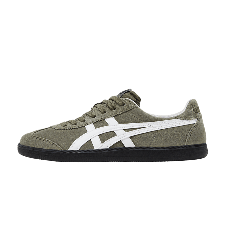 Onitsuka Tiger Tokuten Burnt Green White Black, zijaanzicht met groen suède, witte streep en zwarte zool