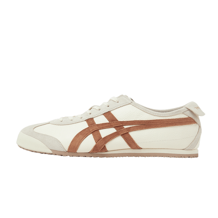 Onitsuka Tiger Mexico 66 Vintage Beige, zijaanzicht met beige canvas en cognackleurige diagonale strepen