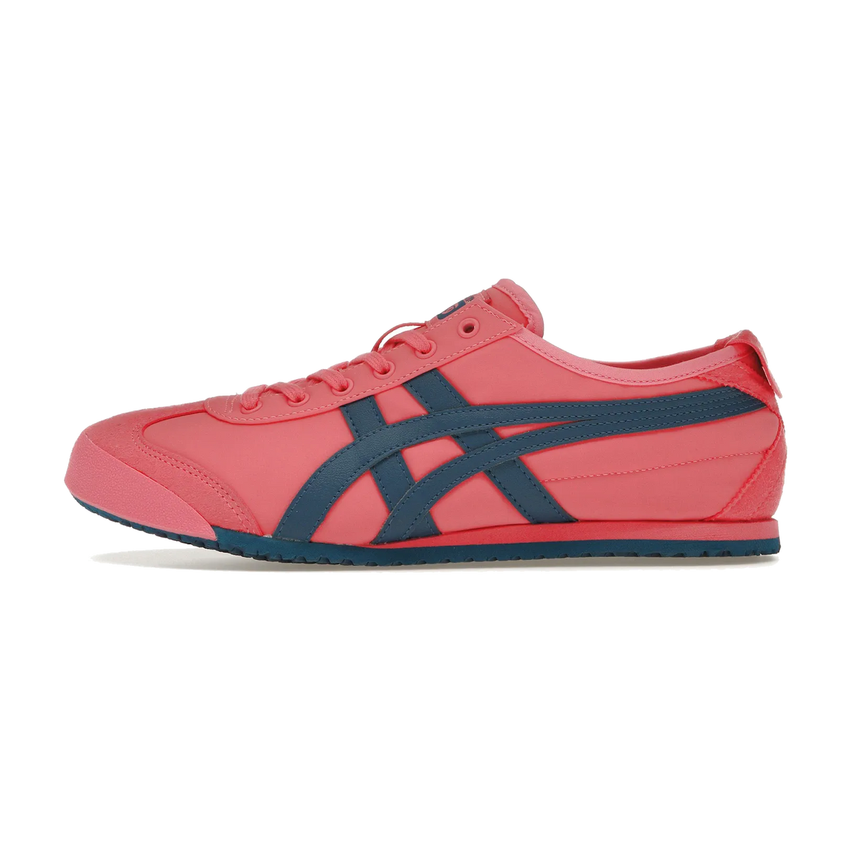 Onitsuka Tiger Mexico 66 Pink Cameo Mako Blue, zijaanzicht van roze sneaker met donkerblauwe strepen en zool