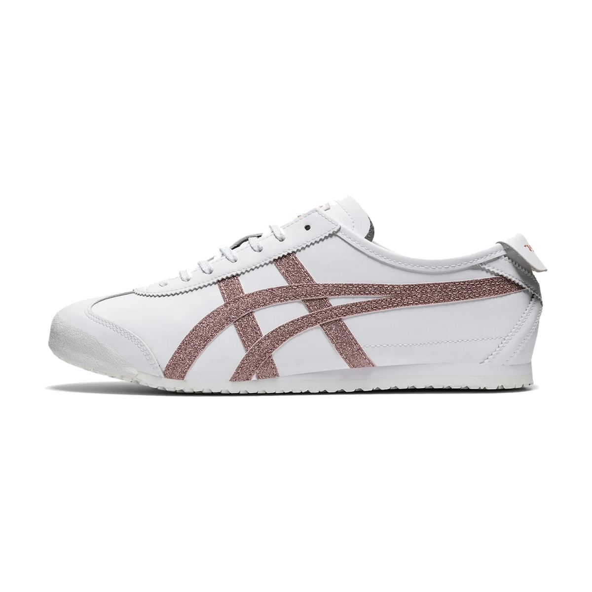 Onitsuka Tiger Mexico 66 White Rose Gold, zijaanzicht met wit leer en rose goud strepen, witte rubberzool