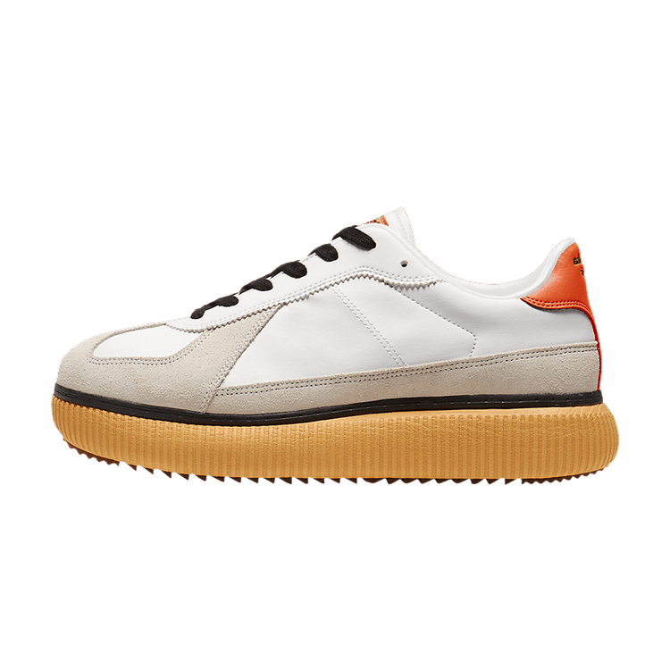 Onitsuka Tiger Delecity White Habanero Gum zijaanzicht, wit leer met beige suède, oranje hieldetail
