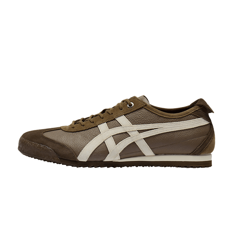 Onitsuka Tiger Mexico 66 SD, zijaanzicht van bruine sneaker met crème-kleurige strepen en textuurmix op de zijkant