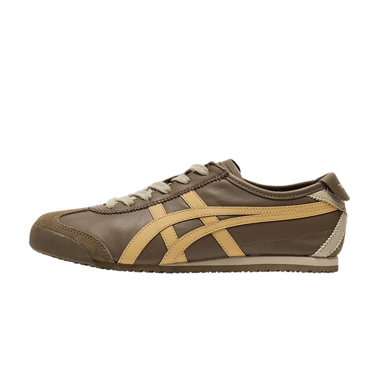 Onitsuka Tiger Mexico 66 Clay Canyon Paper Bag, zijaanzicht met taupe en crème suède, karakteristieke gestreepte zijstrepen
