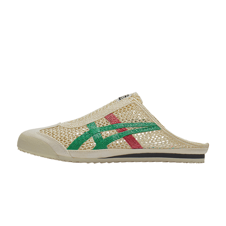 Onitsuka Tiger Mexico 66 Sabot Cream Kale zijaanzicht, mesh upper met groen en rood accent, crème zool