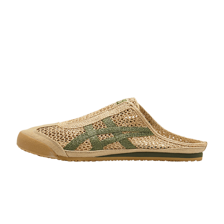 Onitsuka Tiger Mexico 66 Sabot Beige Green, zijaanzicht met maaswerk, beige en groen kleurvlakken, rubberband zool